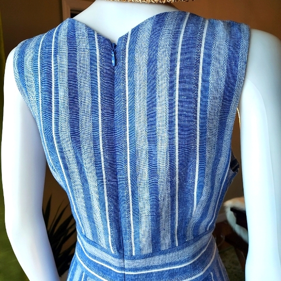Calvin Klein Striped Linen & Rayon Jumpsuit in a Denim Blue & White. - Picture 2 of 16